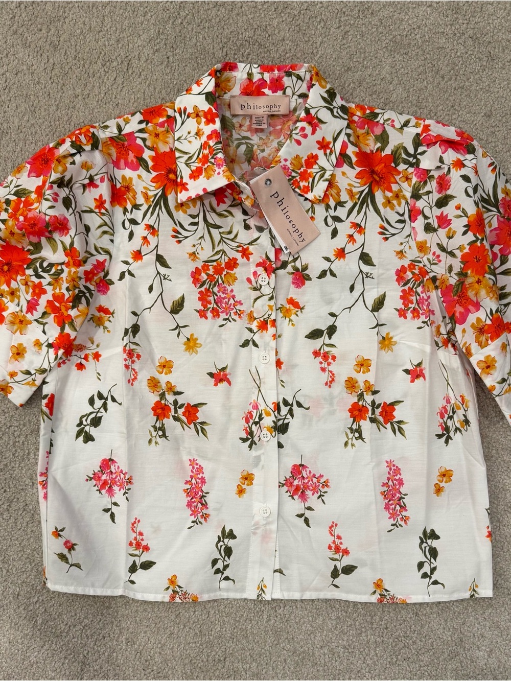 Philosophy White Button-Down Shirt with Orange, Pink & Yellow Floral Print